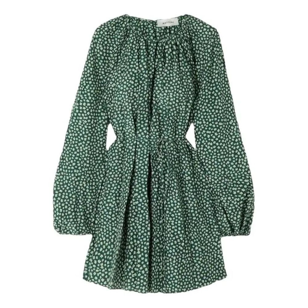 Matteau Silk Cotton Blend Voluminous Mini Dress Green White Floral Print - Picture 9 of 12